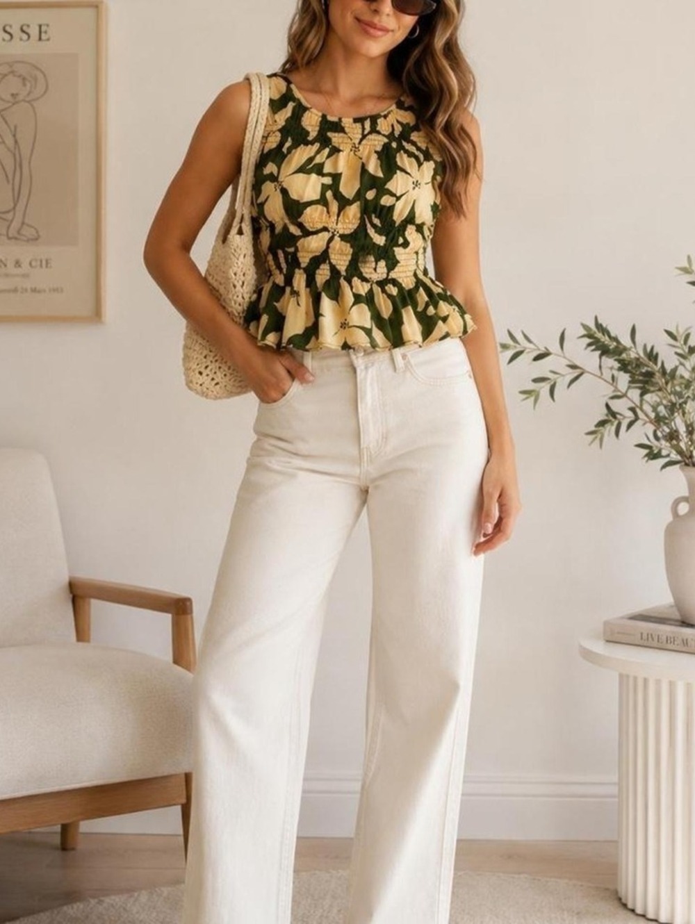 Bila Floral Print Smocked Peplum Sleeveless Blouse